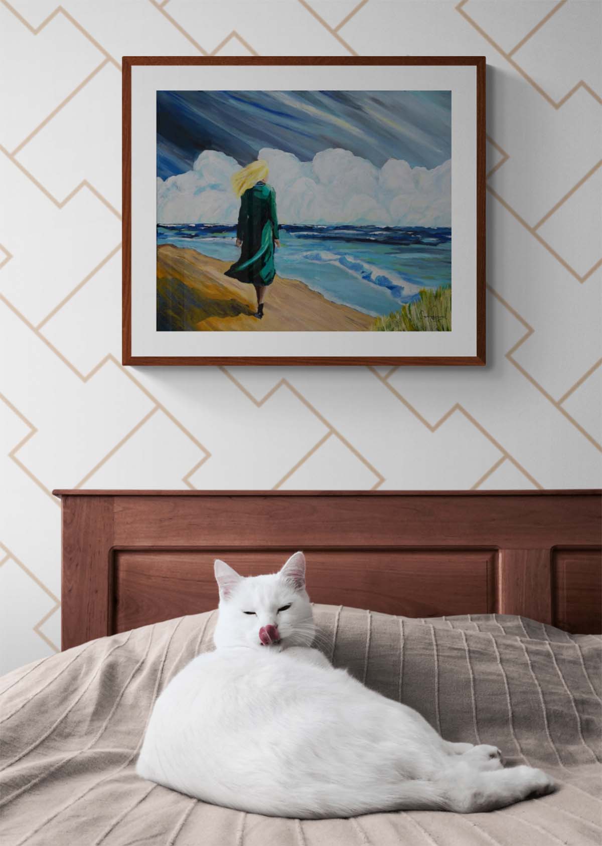 An example of how the painting "She and the Baltic Sea" might look framed and hung on the wall.